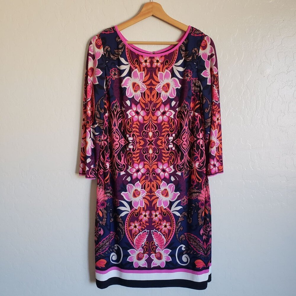 Eliza J Floral Print 3/4 Sleeve Jersey Shift Dress Pink/Blue Sz Women's 12 Lined